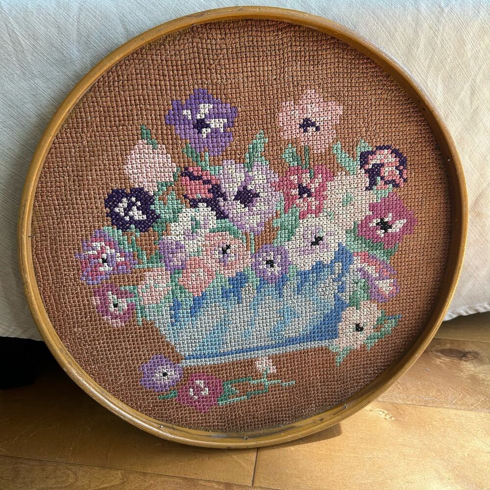 Handcrafted Floral Cross-Stitch Wall Art in Pink, Purple & Blue